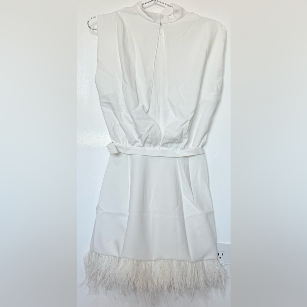 Amanda Uprichard NWT Sullivan Cowlneck Feather Trim Mini Dress in Ivory White - Picture 7 of 11